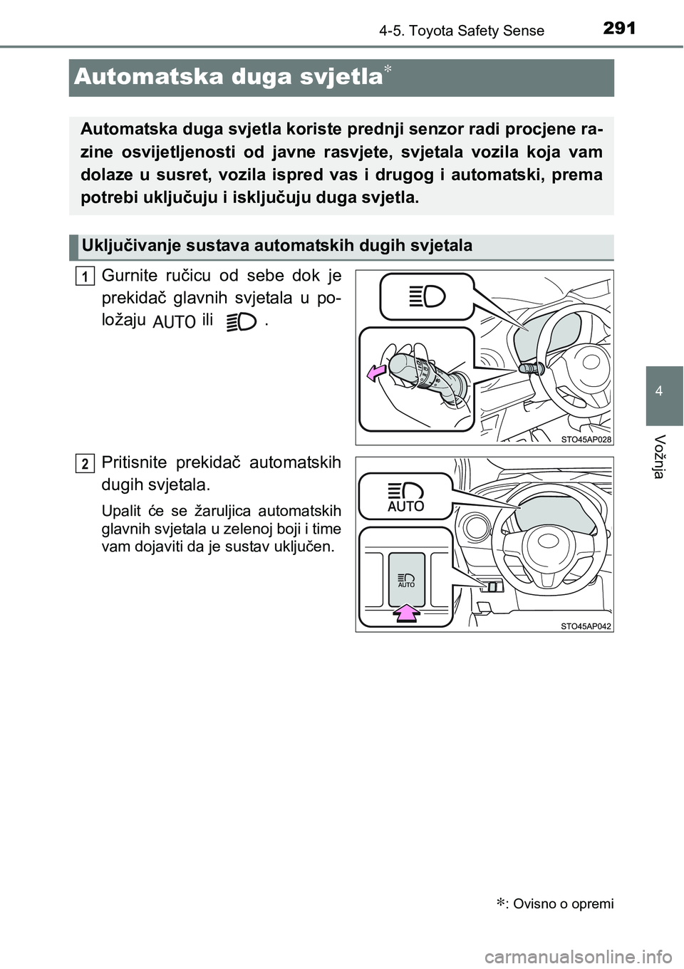 TOYOTA YARIS HATCHBACK 2017  Upute Za Rukovanje (in Croatian) 291
4
4-5. Toyota Safety Sense
Vožnja
Automatska duga svjetla∗
Gurnite  ručicu  od  sebe  dok  je
prekidač  glavnih  svjetala  u  po-
ložaju   ili  .
Pritisnite  prekidač  automatskih
dugih svj