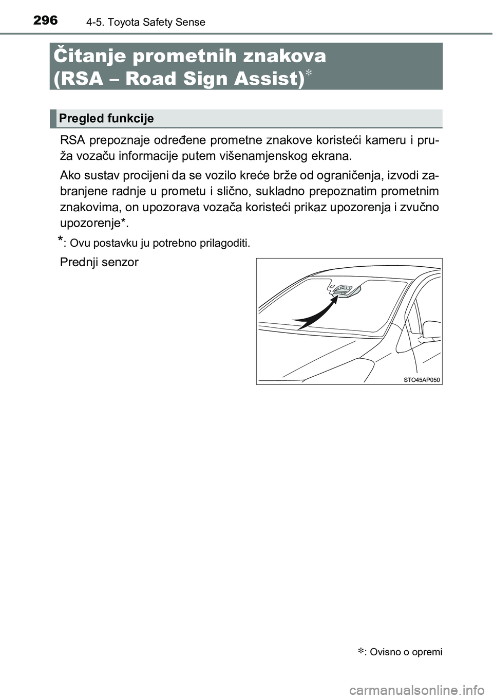 TOYOTA YARIS HATCHBACK 2017  Upute Za Rukovanje (in Croatian) 2964-5. Toyota Safety Sense
Čitanje prometnih znakova 
(RSA – Road Sign Assist)
∗
RSA prepoznaje određene prometne znakove koristeći kameru i pru-
ža vozaču informacije putem višenamjenskog 