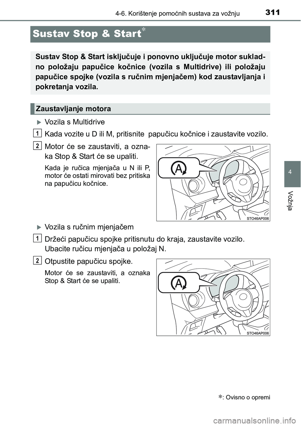 TOYOTA YARIS HATCHBACK 2017  Upute Za Rukovanje (in Croatian) 311
4
4-6. Korištenje pomoćnih sustava za vožnju
Vožnja
Sustav Stop & Start∗
Vozila s Multidrive
Kada vozite u D ili M, pritisnite  papučicu kočnice i zaustavite vozilo.
Motor  će  se  zau