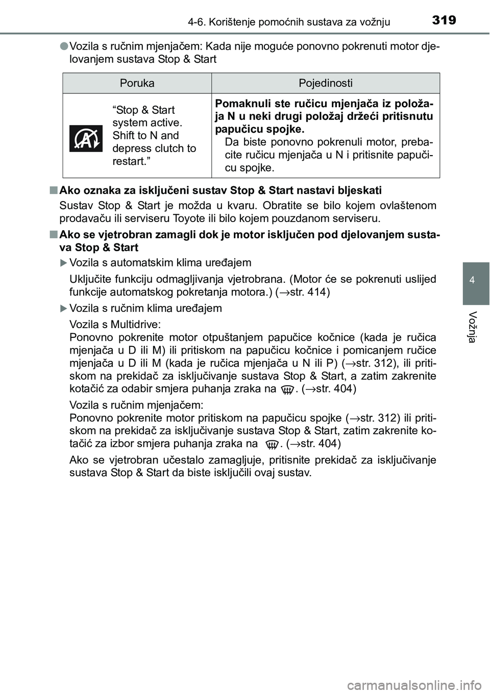 TOYOTA YARIS HATCHBACK 2017  Upute Za Rukovanje (in Croatian) 3194-6. Korištenje pomoćnih sustava za vožnju
4
Vožnja
lVozila s ručnim mjenjačem: Kada nije moguće ponovno pokrenuti motor dje-
lovanjem sustava Stop & Start
nAko oznaka za isključeni sustav 