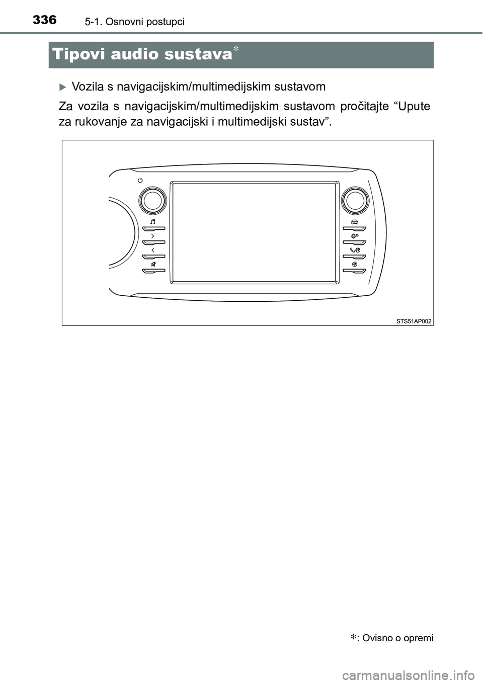TOYOTA YARIS HATCHBACK 2017  Upute Za Rukovanje (in Croatian) 3365-1. Osnovni postupci
Tipovi audio sustava∗
Vozila s navigacijskim/multimedijskim sustavom
Za  vozila  s  navigacijskim/multimedijskim  sustavom  pročitajte  “Upute
za rukovanje za navigaci