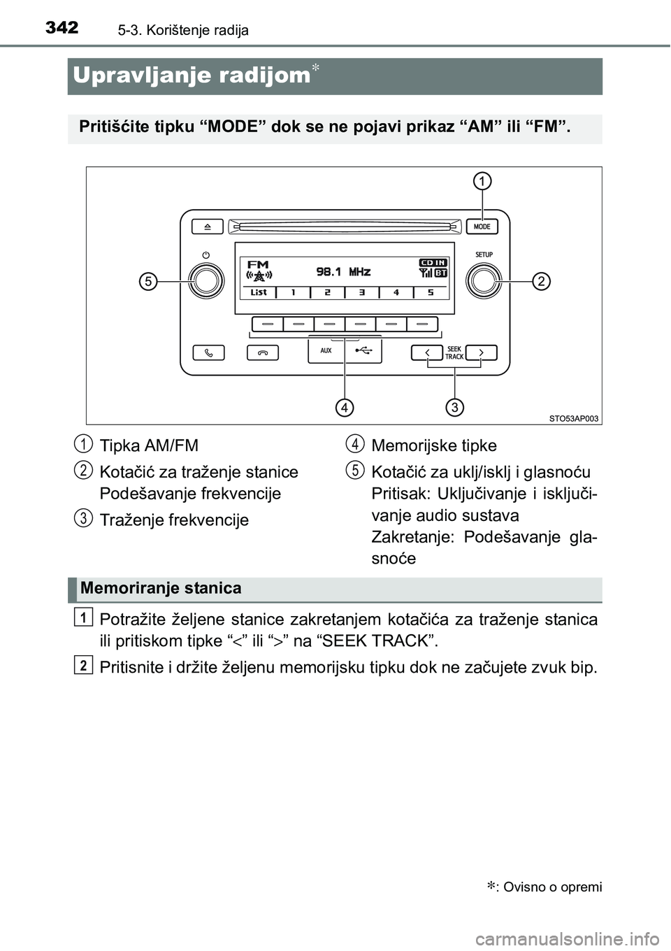TOYOTA YARIS HATCHBACK 2017  Upute Za Rukovanje (in Croatian) 3425-3. Korištenje radija
Upravljanje radijom∗
Potražite  željene  stanice  zakretanjem  kotačića  za  traženje  stanica
ili pritiskom tipke “<” ili “>” na “SEEK TRACK”.
Pritisnite