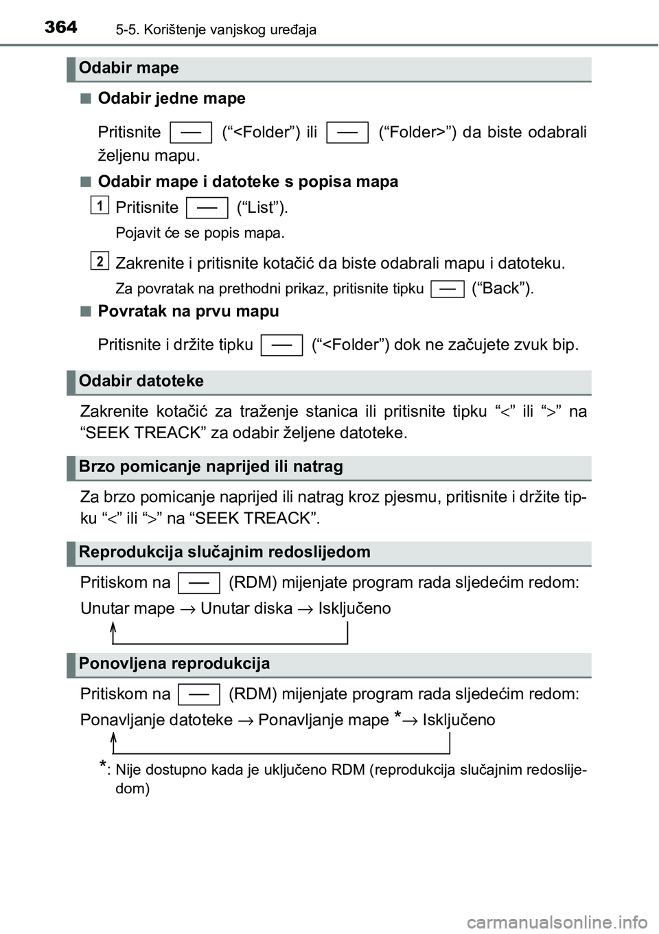TOYOTA YARIS HATCHBACK 2017  Upute Za Rukovanje (in Croatian) 3645-5. Korištenje vanjskog uređaja
nOdabir jedne mape
Pritisnite    (“<Folder”)  ili    (“Folder>”)  da  biste  odabrali
željenu mapu.
nOdabir mape i datoteke s popisa mapa
Pritisnite   (