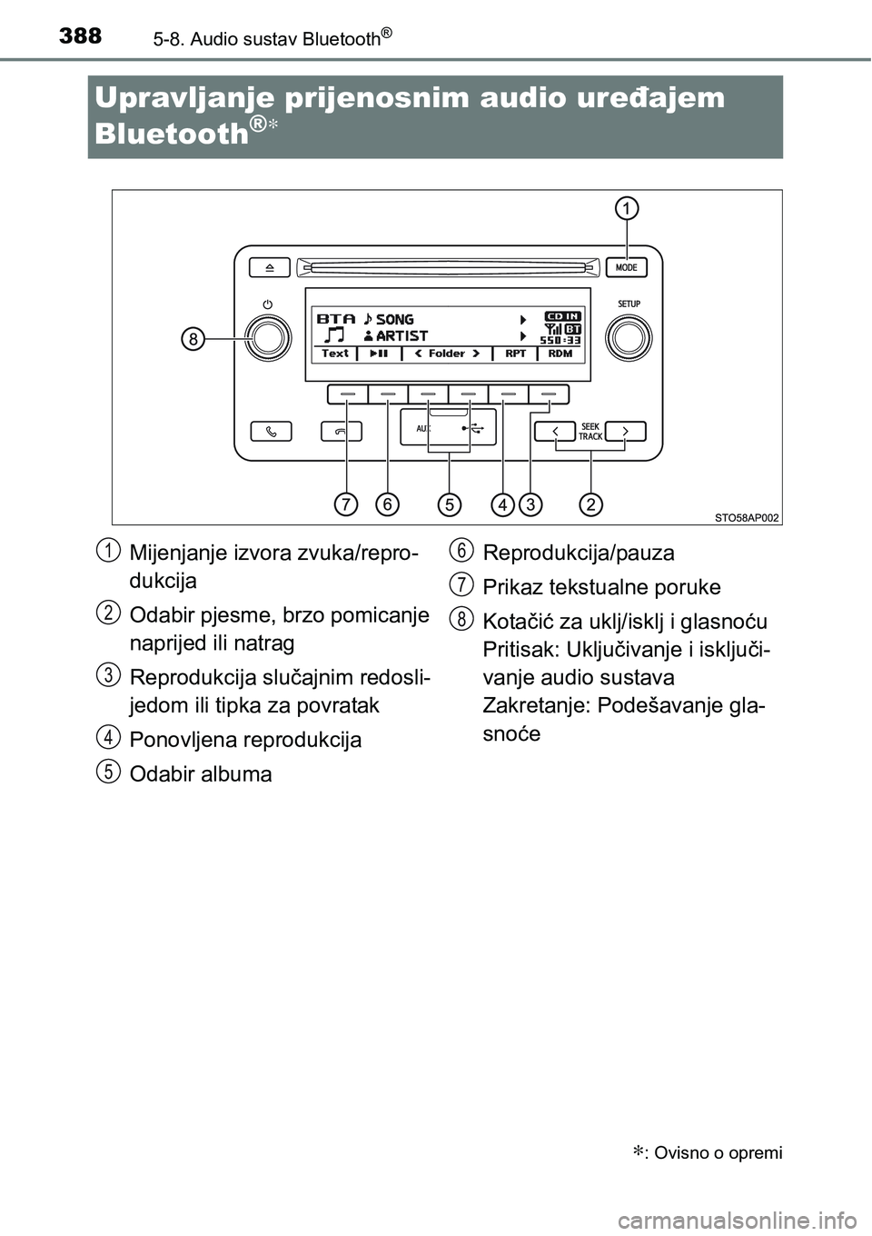 TOYOTA YARIS HATCHBACK 2017  Upute Za Rukovanje (in Croatian) 3885-8. Audio sustav Bluetooth®
Upravljanje prijenosnim audio uređajem 
Bluetooth
®∗
∗: Ovisno o opremi
Mijenjanje izvora zvuka/repro-
dukcija
Odabir pjesme, brzo pomicanje 
naprijed ili natrag