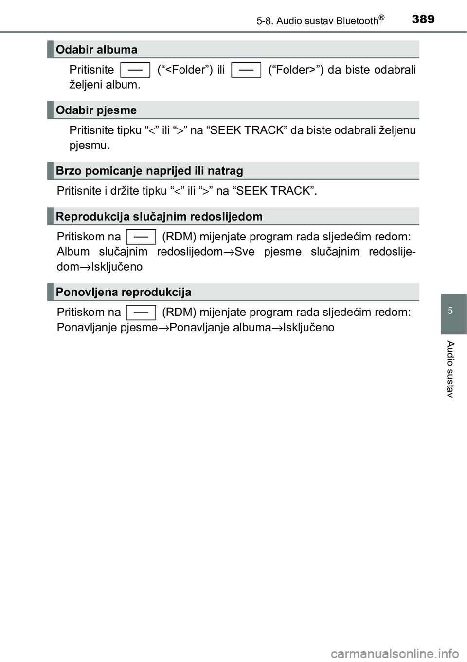 TOYOTA YARIS HATCHBACK 2017  Upute Za Rukovanje (in Croatian) 3895-8. Audio sustav Bluetooth®
5
Audio sustav
Pritisnite    (“<Folder”)  ili    (“Folder>”)  da  biste  odabrali
željeni album.
Pritisnite tipku “<” ili “>” na “SEEK TRACK” da b