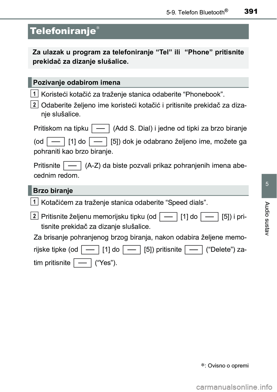 TOYOTA YARIS HATCHBACK 2017  Upute Za Rukovanje (in Croatian) 3915-9. Telefon Bluetooth®
5
Audio sustav
Telefoniranje∗
Koristeći kotačić za traženje stanica odaberite “Phonebook”.
Odaberite željeno ime koristeći kotačić i pritisnite prekidač za d
