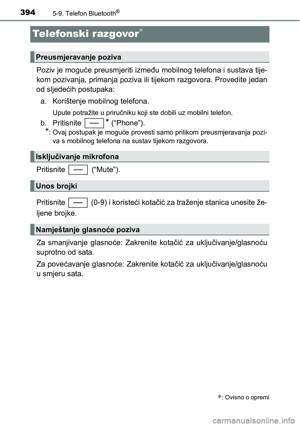TOYOTA YARIS HATCHBACK 2017  Upute Za Rukovanje (in Croatian) 3945-9. Telefon Bluetooth®
Telefonski razgovor∗
Poziv je moguće preusmjeriti između mobilnog telefona i sustava tije-
kom pozivanja, primanja poziva ili tijekom razgovora. Provedite jedan
od slje