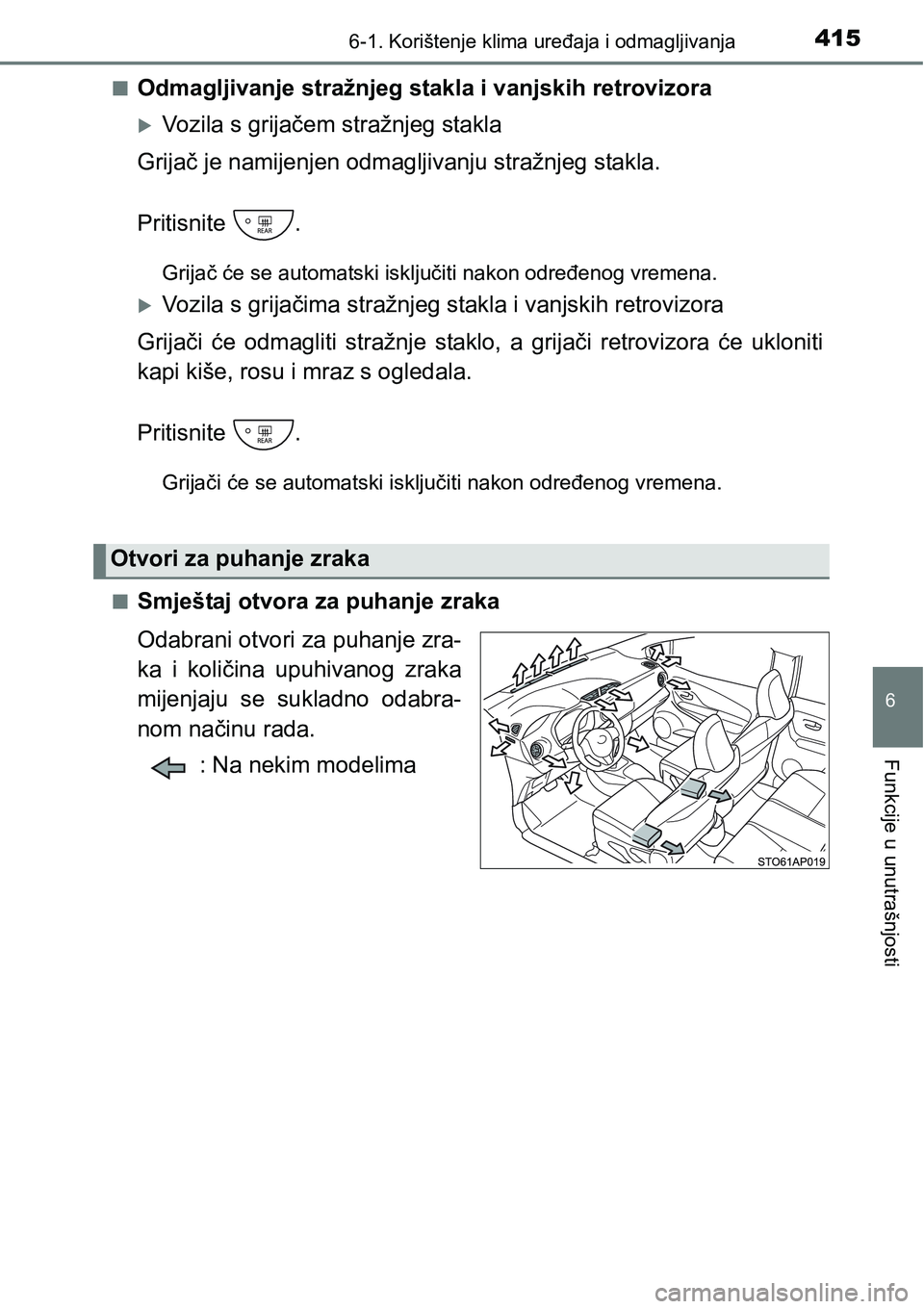 TOYOTA YARIS HATCHBACK 2017  Upute Za Rukovanje (in Croatian) 4156-1. Korištenje klima uređaja i odmagljivanja
6
Funkcije u unutrašnjosti
nOdmagljivanje stražnjeg stakla i vanjskih retrovizora
Vozila s grijačem stražnjeg stakla
Grijač je namijenjen odm