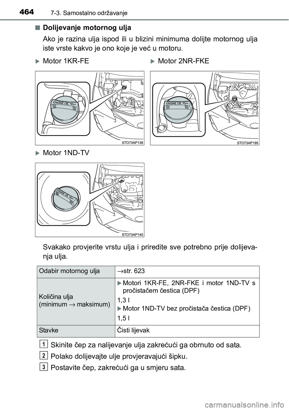 TOYOTA YARIS HATCHBACK 2017  Upute Za Rukovanje (in Croatian) 4647-3. Samostalno održavanje
nDolijevanje motornog ulja
Ako  je  razina  ulja  ispod  ili  u  blizini  minimuma  dolijte  motornog  ulja
iste vrste kakvo je ono koje je već u motoru.
Svakako  provj