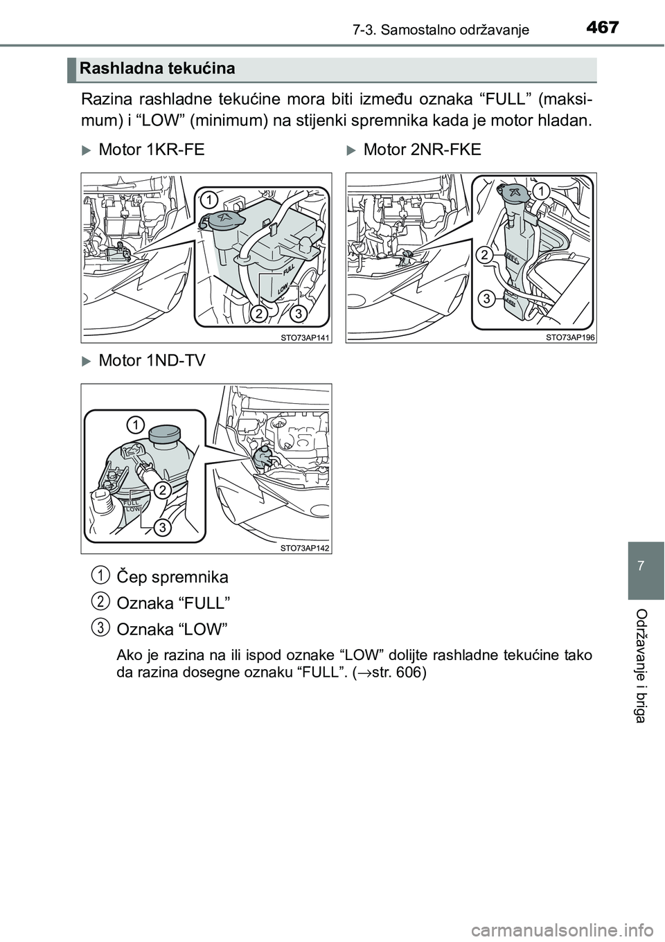 TOYOTA YARIS HATCHBACK 2017  Upute Za Rukovanje (in Croatian) 4677-3. Samostalno održavanje
7
Održavanje i briga
Razina  rashladne  tekućine  mora  biti  između  oznaka  “FULL”  (maksi-
mum) i “LOW” (minimum) na stijenki spremnika kada je motor hlada