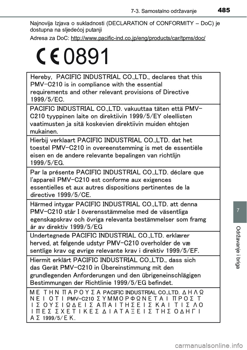 TOYOTA YARIS HATCHBACK 2017  Upute Za Rukovanje (in Croatian) 4857-3. Samostalno održavanje
7
Održavanje i briga
Najnovija  Izjava  o  sukladnosti  (DECLARATION  of  CONFORMITY  –  DoC)  je
dostupna na sljedećoj putanji
Adresa za DoC: http://www.pacific-ind