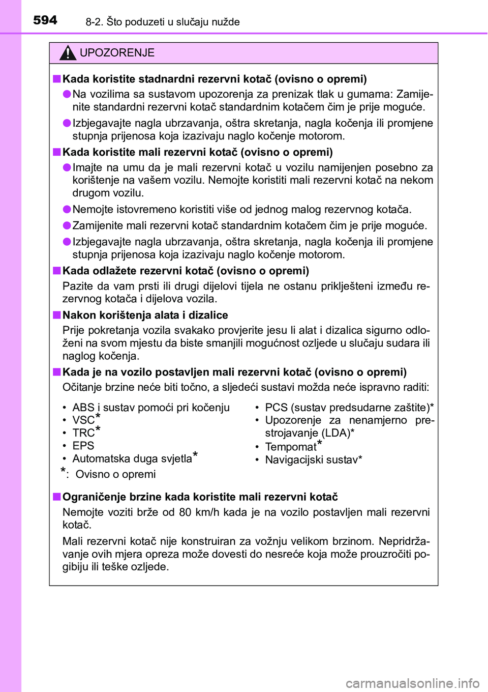 TOYOTA YARIS HATCHBACK 2017  Upute Za Rukovanje (in Croatian) 5948-2. Što poduzeti u slučaju nužde
UPOZORENJE
nKada koristite stadnardni rezervni kotač (ovisno o opremi)
lNa vozilima sa sustavom upozorenja za prenizak tlak u gumama: Zamije-
nite standardni r