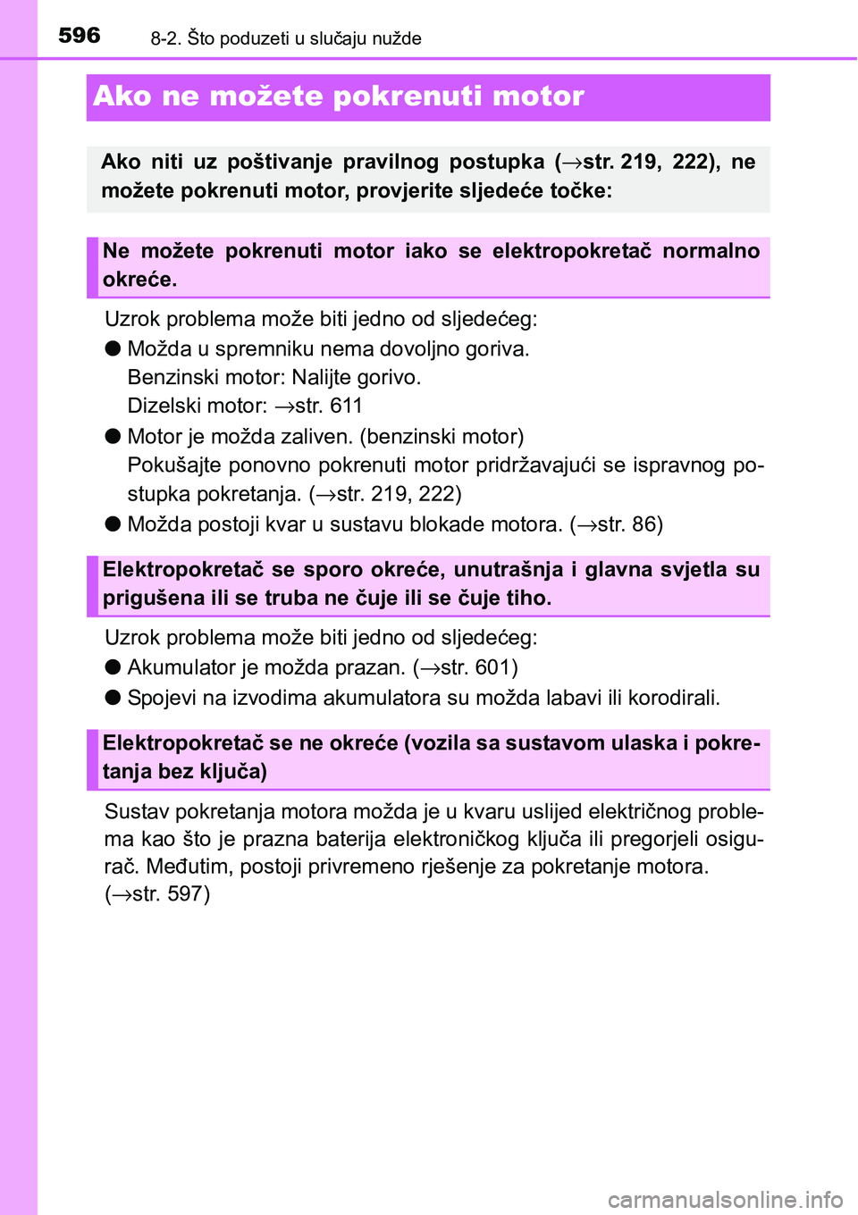 TOYOTA YARIS HATCHBACK 2017  Upute Za Rukovanje (in Croatian) 5968-2. Što poduzeti u slučaju nužde
Ako ne možete pokrenuti motor
Uzrok problema može biti jedno od sljedećeg:
lMožda u spremniku nema dovoljno goriva. 
Benzinski motor: Nalijte gorivo. 
Dizel