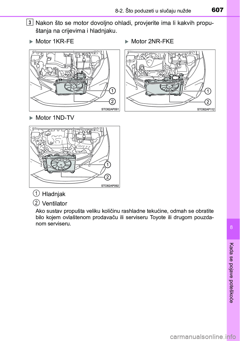 TOYOTA YARIS HATCHBACK 2017  Upute Za Rukovanje (in Croatian) 6078-2. Što poduzeti u slučaju nužde
8
Kada se pojave poteškoće
Nakon  što  se motor  dovoljno  ohladi, provjerite ima li kakvih propu-
štanja na crijevima i hladnjaku.
Ako sustav propušta vel