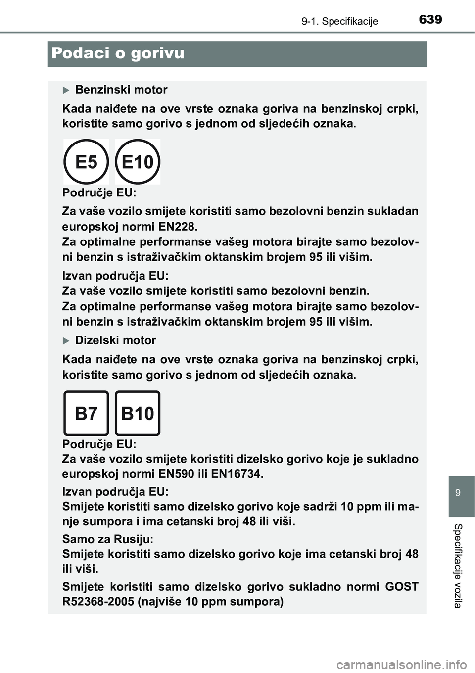 TOYOTA YARIS HATCHBACK 2017 Upute Za Rukovanje (in Croatian) 6399-1. Specifikacije
9
Specifikacije vozila
Podaci o gorivu
Benzinski motor
Kada naiđete na ove vrste oznaka goriva na benzinskoj crpki,
koristite samo gorivo s jednom od sljedećih ozna TOYOTA YARIS HATCHBACK 2017 Upute Za Rukovanje (in Croatian) 6399-1. Specifikacije
9
Specifikacije vozila
Podaci o gorivu
Benzinski motor
Kada naiđete na ove vrste oznaka goriva na benzinskoj crpki,
koristite samo gorivo s jednom od sljedećih ozna