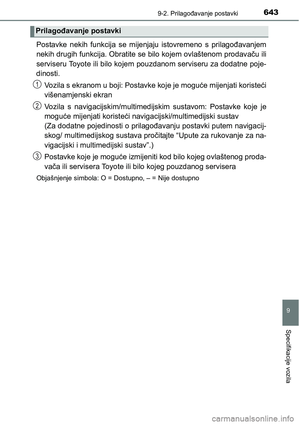 TOYOTA YARIS HATCHBACK 2017 Upute Za Rukovanje (in Croatian) 6439-2. Prilagođavanje postavki
9
Specifikacije vozila
Postavke nekih funkcija se mijenjaju istovremeno s prilagođavanjem
nekih drugih funkcija. Obratite se bilo kojem ovlaštenom prodavaču TOYOTA YARIS HATCHBACK 2017 Upute Za Rukovanje (in Croatian) 6439-2. Prilagođavanje postavki
9
Specifikacije vozila
Postavke nekih funkcija se mijenjaju istovremeno s prilagođavanjem
nekih drugih funkcija. Obratite se bilo kojem ovlaštenom prodavaču
