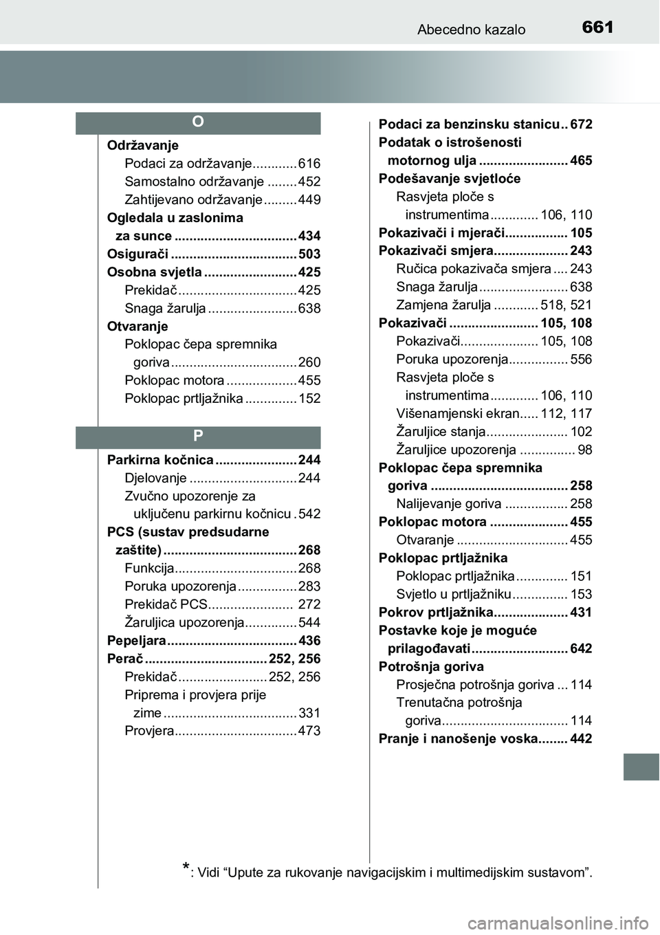 TOYOTA YARIS HATCHBACK 2017  Upute Za Rukovanje (in Croatian) 661Abecedno kazalo
Održavanje
Podaci za održavanje............ 616
Samostalno održavanje ........ 452
Zahtijevano održavanje ......... 449
Ogledala u zaslonima 
za sunce ..........................