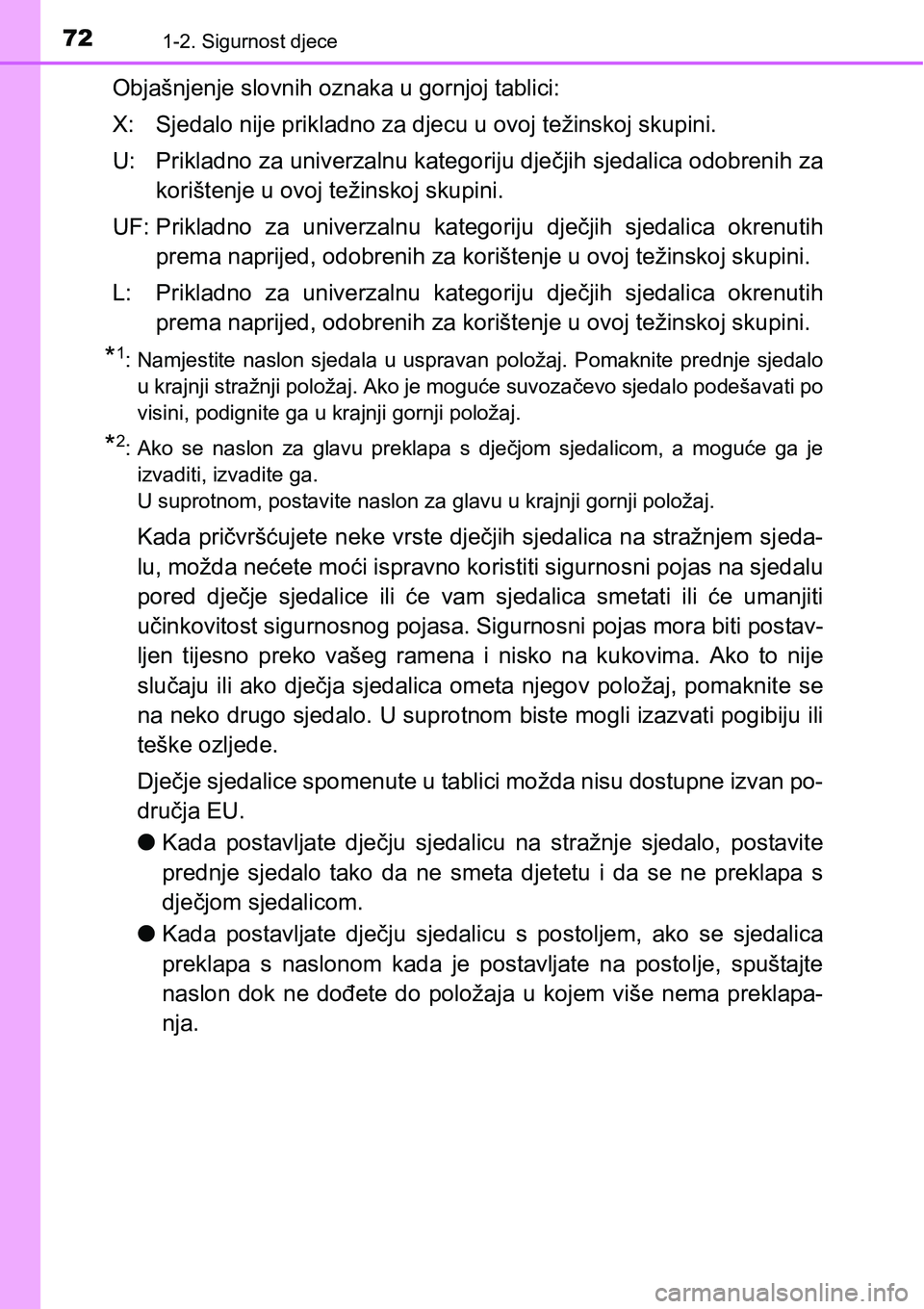 TOYOTA YARIS HATCHBACK 2017  Upute Za Rukovanje (in Croatian) 721-2. Sigurnost djece
Objašnjenje slovnih oznaka u gornjoj tablici:
X: Sjedalo nije prikladno za djecu u ovoj težinskoj skupini.
U: Prikladno za univerzalnu kategoriju dječjih sjedalica odobrenih 