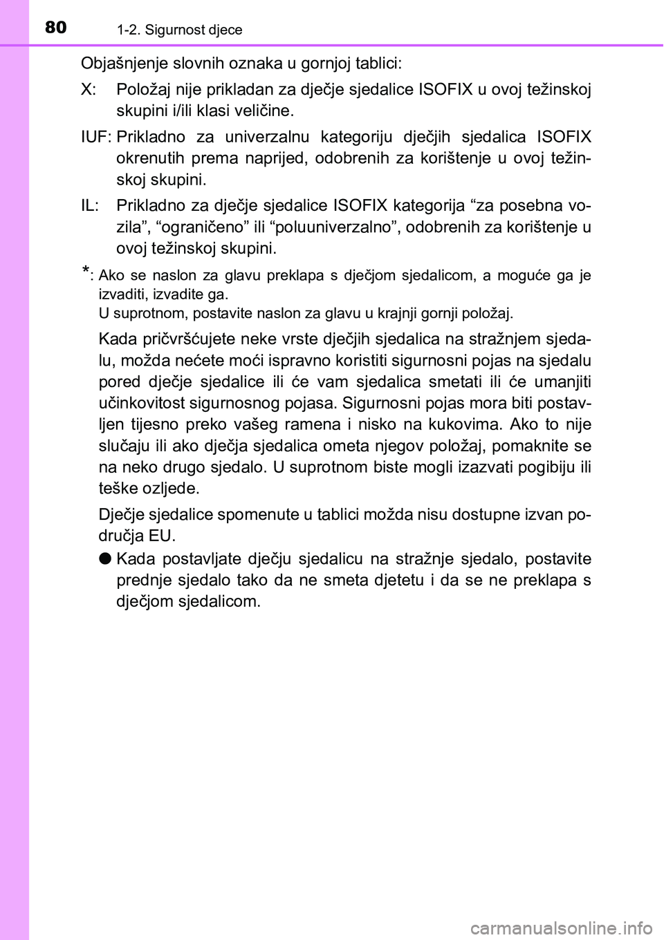 TOYOTA YARIS HATCHBACK 2017 Upute Za Rukovanje (in Croatian) 801-2. Sigurnost djece
Objašnjenje slovnih oznaka u gornjoj tablici:
X: Položaj nije prikladan za dječje sjedalice ISOFIX u ovoj težinskoj
skupini i/ili klasi veličine.
IUF: Prikladno za univer TOYOTA YARIS HATCHBACK 2017 Upute Za Rukovanje (in Croatian) 801-2. Sigurnost djece
Objašnjenje slovnih oznaka u gornjoj tablici:
X: Položaj nije prikladan za dječje sjedalice ISOFIX u ovoj težinskoj
skupini i/ili klasi veličine.
IUF: Prikladno za univer