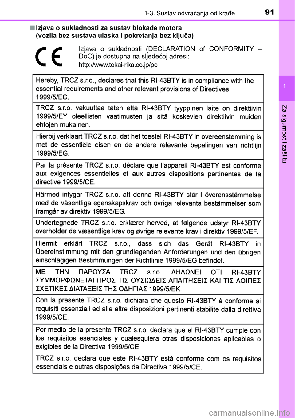 TOYOTA YARIS HATCHBACK 2017 Upute Za Rukovanje (in Croatian) 911-3. Sustav odvraćanja od krađe
1
Za sigurnost i zaštitu
nIzjava o sukladnosti za sustav blokade motora
(vozila bez sustava ulaska i pokretanja bez ključa)
Izjava o sukladnosti (DECLARATION TOYOTA YARIS HATCHBACK 2017 Upute Za Rukovanje (in Croatian) 911-3. Sustav odvraćanja od krađe
1
Za sigurnost i zaštitu
nIzjava o sukladnosti za sustav blokade motora
(vozila bez sustava ulaska i pokretanja bez ključa)
Izjava o sukladnosti (DECLARATION