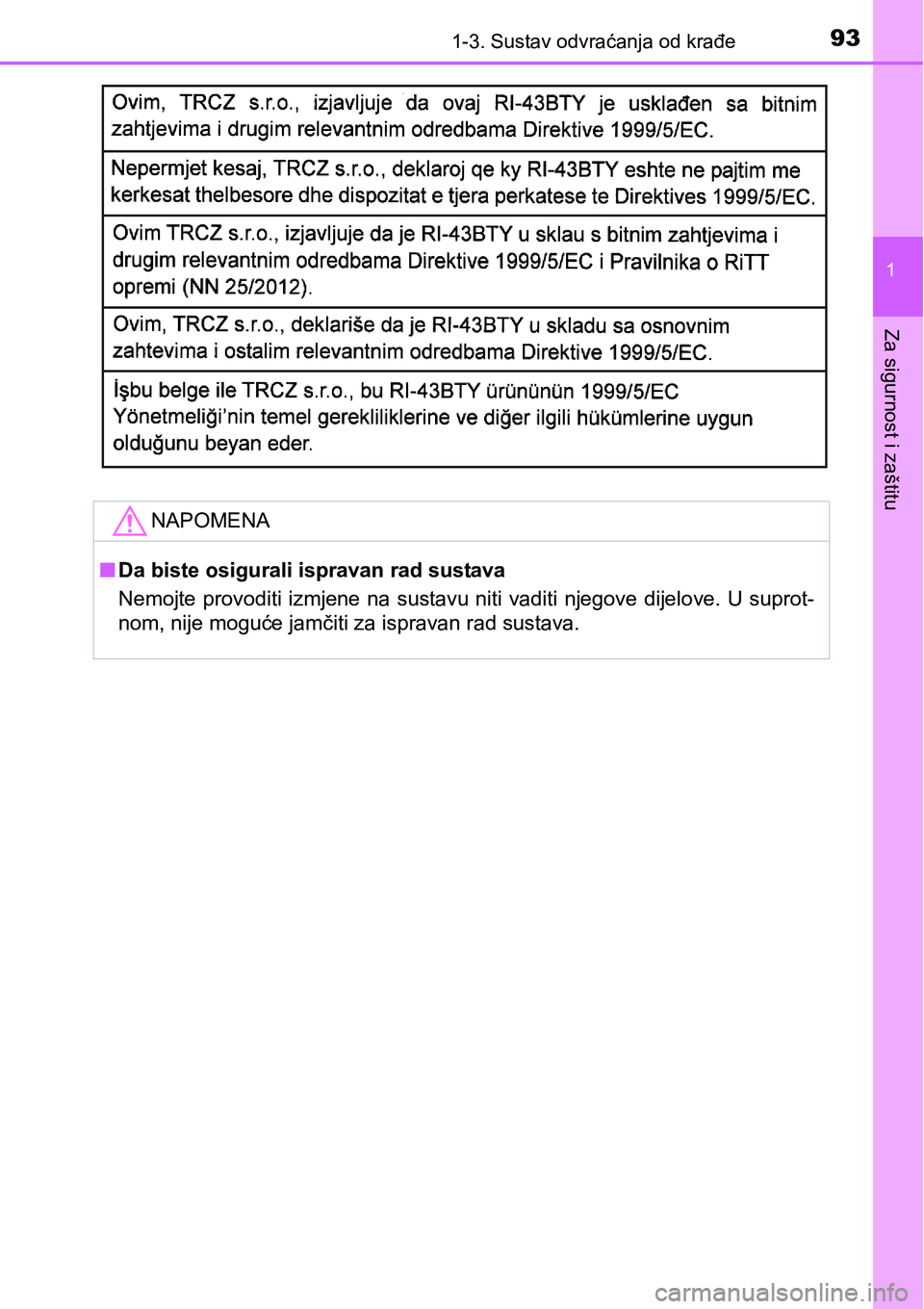 TOYOTA YARIS HATCHBACK 2017 Upute Za Rukovanje (in Croatian) 931-3. Sustav odvraćanja od krađe
1
Za sigurnost i zaštitu
NAPOMENA
nDa biste osigurali ispravan rad sustava
Nemojte provoditi izmjene na sustavu niti vaditi njegove dijelove. U suprot-
nom, nije m TOYOTA YARIS HATCHBACK 2017 Upute Za Rukovanje (in Croatian) 931-3. Sustav odvraćanja od krađe
1
Za sigurnost i zaštitu
NAPOMENA
nDa biste osigurali ispravan rad sustava
Nemojte provoditi izmjene na sustavu niti vaditi njegove dijelove. U suprot-
nom, nije m