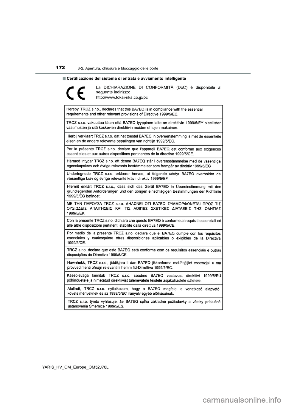 TOYOTA YARIS HATCHBACK 2017  Manuale duso (in Italian) 1723-2. Apertura, chiusura e bloccaggio delle porte
YARIS_HV_OM_Europe_OM52J70L 
■ Certificazione del sistema di entrata e avviamento intelligente
La DICHIARAZIONE DI CONFORMITÀ (DoC) è disponibil