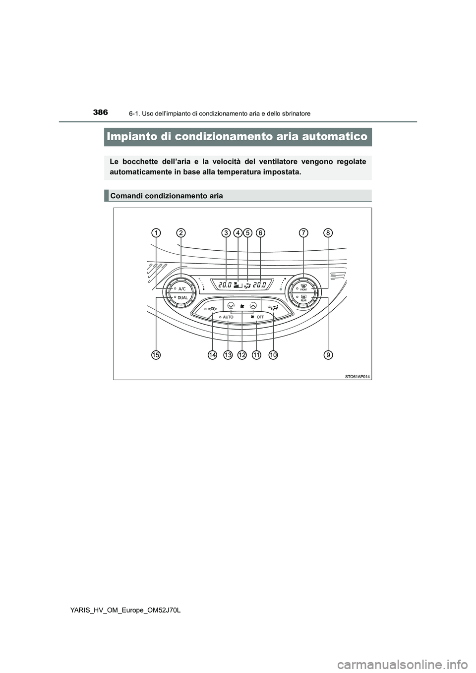 TOYOTA YARIS HATCHBACK 2017  Manuale duso (in Italian) 3866-1. Uso dell’impianto di condizionamento aria e dello sbrinatore
YARIS_HV_OM_Europe_OM52J70L
Impianto di condizionamento aria automatico
Le bocchette dell’aria e la velocità del ventilatore v