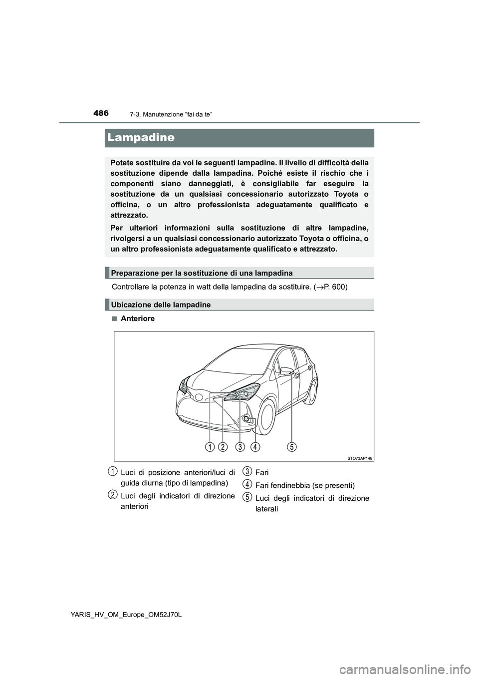 TOYOTA YARIS HATCHBACK 2017 Manuale duso (in Italian) 4867-3. Manutenzione “fai da te”
YARIS_HV_OM_Europe_OM52J70L
Lampadine
Controllare la potenza in watt della lampadina da sostituire. (P. 600)
■Anteriore
Potete sostituire da voi le seguenti l TOYOTA YARIS HATCHBACK 2017 Manuale duso (in Italian) 4867-3. Manutenzione “fai da te”
YARIS_HV_OM_Europe_OM52J70L
Lampadine
Controllare la potenza in watt della lampadina da sostituire. (P. 600)
■Anteriore
Potete sostituire da voi le seguenti l