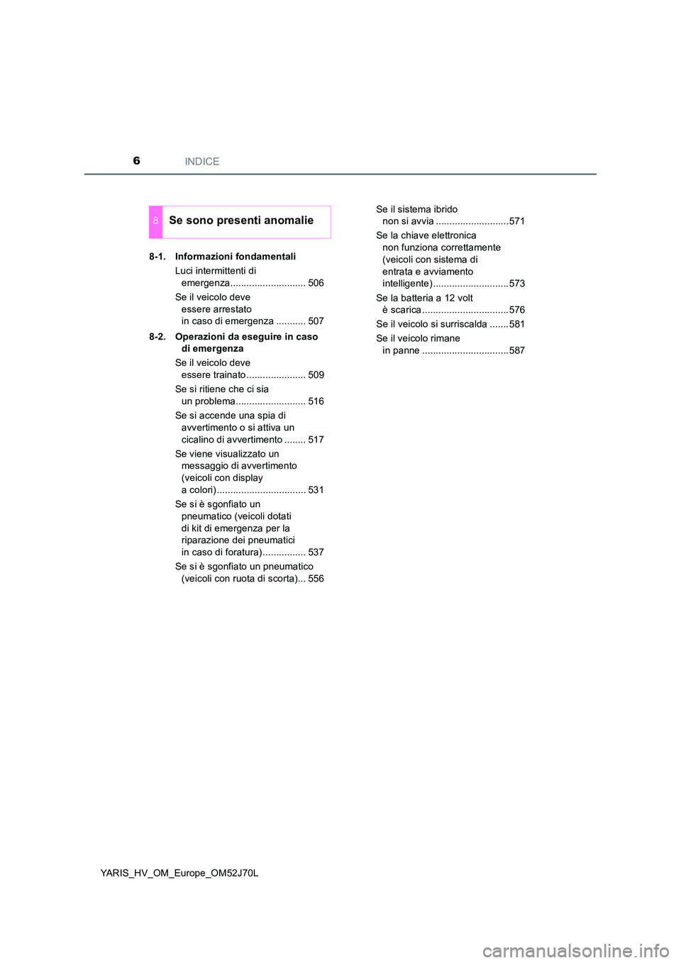 TOYOTA YARIS HATCHBACK 2017  Manuale duso (in Italian) INDICE6
YARIS_HV_OM_Europe_OM52J70L 
8-1. Informazioni fondamentali 
Luci intermittenti di  
emergenza............................ 506 
Se il veicolo deve  
essere arrestato  
in caso di emergenza ...