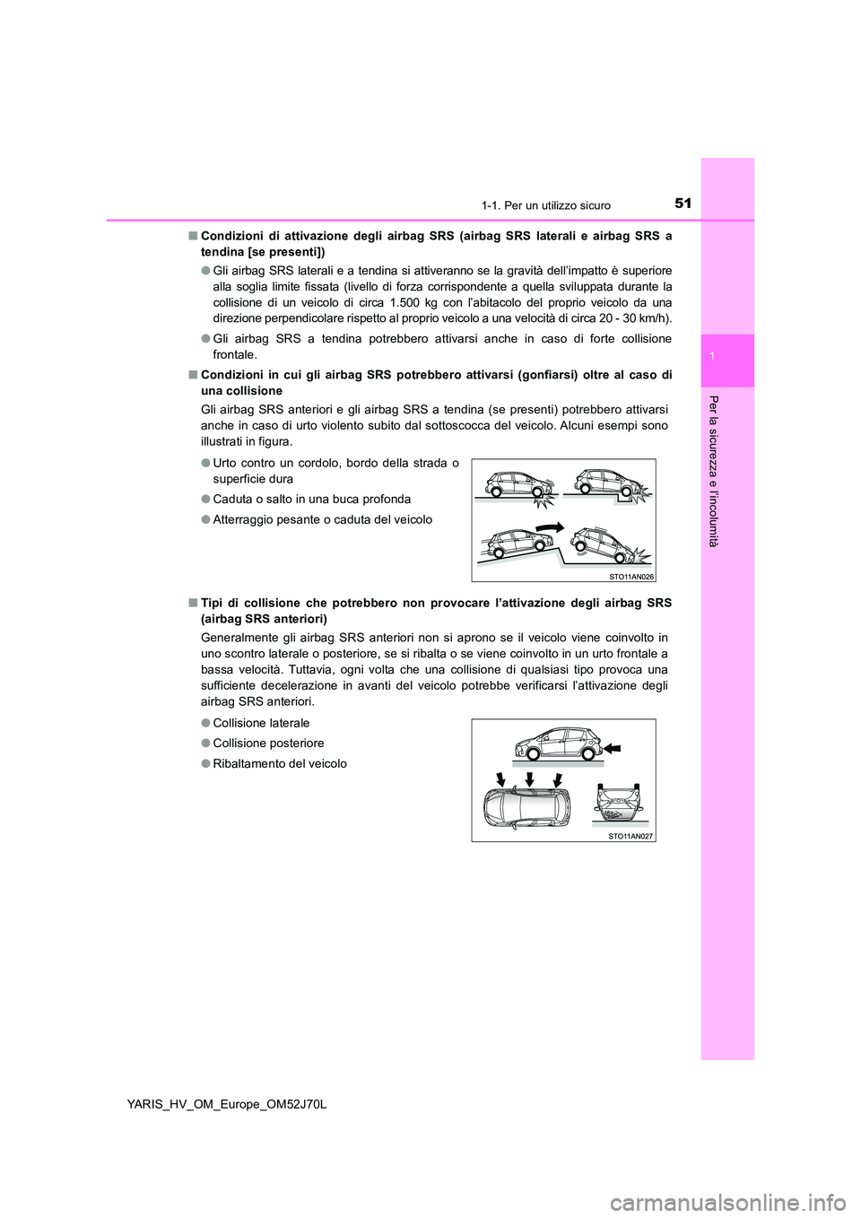 TOYOTA YARIS HATCHBACK 2017 Manuale duso (in Italian) 511-1. Per un utilizzo sicuro
1
Per la sicurezza e l’incolumità
YARIS_HV_OM_Europe_OM52J70L
■ Condizioni di attivazione degli airbag SRS (airbag SRS laterali e airbag SRS a
tendina [se presenti TOYOTA YARIS HATCHBACK 2017 Manuale duso (in Italian) 511-1. Per un utilizzo sicuro
1
Per la sicurezza e l’incolumità
YARIS_HV_OM_Europe_OM52J70L
■ Condizioni di attivazione degli airbag SRS (airbag SRS laterali e airbag SRS a
tendina [se presenti