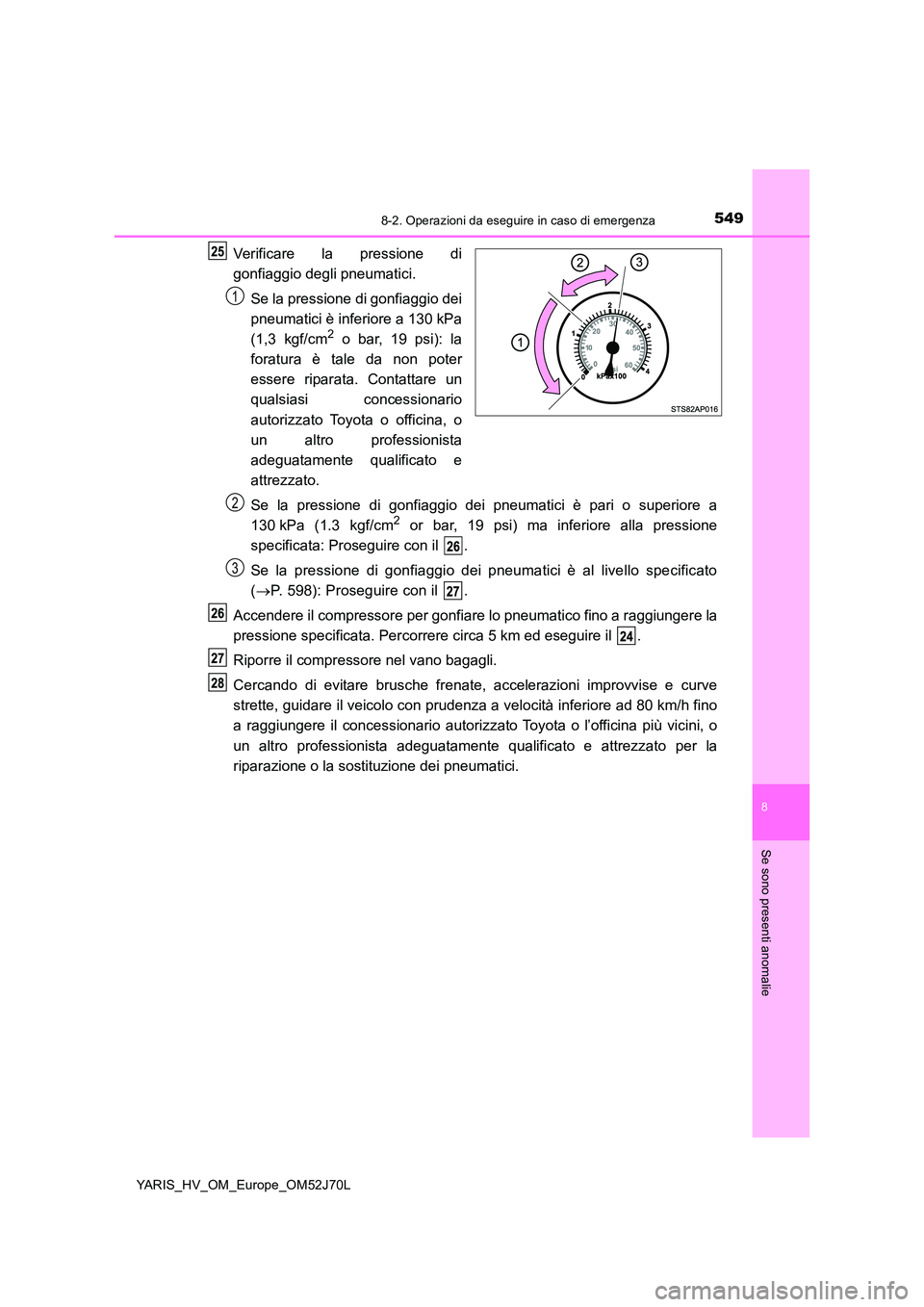 TOYOTA YARIS HATCHBACK 2017 Manuale duso (in Italian) 5498-2. Operazioni da eseguire in caso di emergenza
8
Se sono presenti anomalie
YARIS_HV_OM_Europe_OM52J70L
Verificare la pressione di
gonfiaggio degli pneumatici.
Se la pressione di gonfiaggio dei TOYOTA YARIS HATCHBACK 2017 Manuale duso (in Italian) 5498-2. Operazioni da eseguire in caso di emergenza
8
Se sono presenti anomalie
YARIS_HV_OM_Europe_OM52J70L
Verificare la pressione di
gonfiaggio degli pneumatici.
Se la pressione di gonfiaggio dei