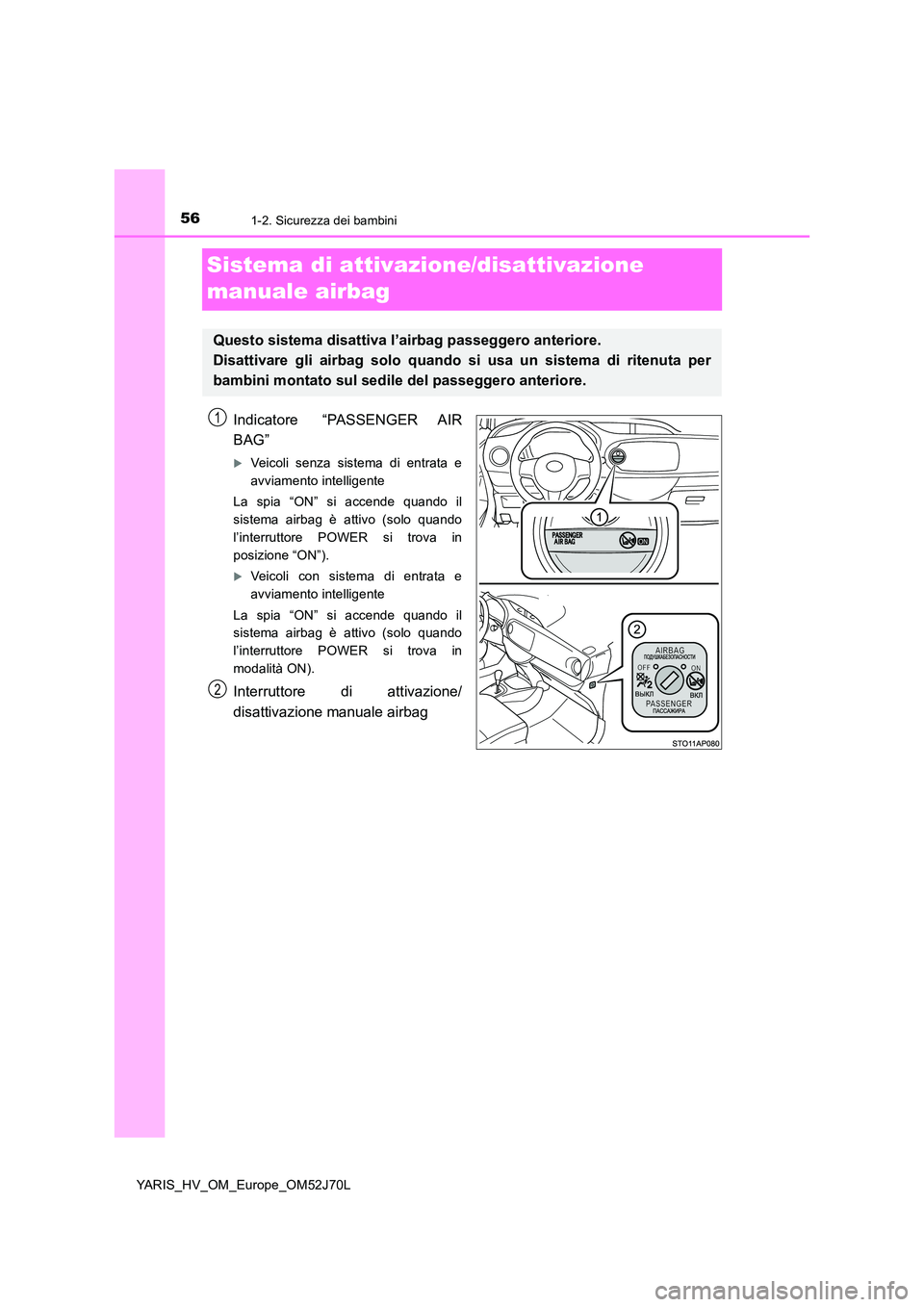 TOYOTA YARIS HATCHBACK 2017 Manuale duso (in Italian) 561-2. Sicurezza dei bambini
YARIS_HV_OM_Europe_OM52J70L
Sistema di attivazione/disattivazione
manuale airbag
Indicatore “PASSENGER AIR
BAG”
Veicoli senza sistema di entrata e
avviamento in TOYOTA YARIS HATCHBACK 2017 Manuale duso (in Italian) 561-2. Sicurezza dei bambini
YARIS_HV_OM_Europe_OM52J70L
Sistema di attivazione/disattivazione
manuale airbag
Indicatore “PASSENGER AIR
BAG”
Veicoli senza sistema di entrata e
avviamento in