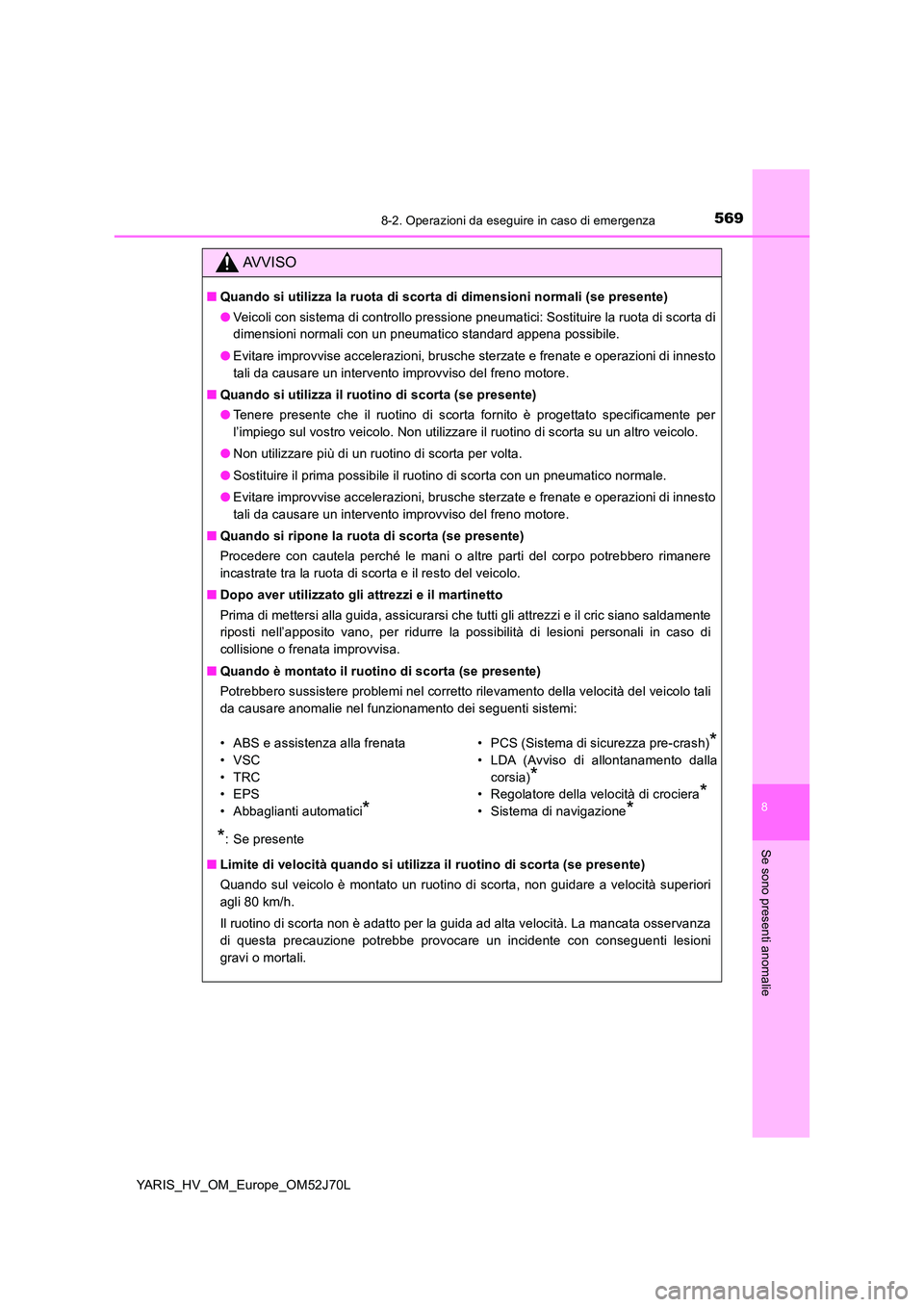 TOYOTA YARIS HATCHBACK 2017 Manuale duso (in Italian) 5698-2. Operazioni da eseguire in caso di emergenza
8
Se sono presenti anomalie
YARIS_HV_OM_Europe_OM52J70L
AVVISO
■Quando si utilizza la ruota di scorta di dimensioni normali (se presente)
● Vei TOYOTA YARIS HATCHBACK 2017 Manuale duso (in Italian) 5698-2. Operazioni da eseguire in caso di emergenza
8
Se sono presenti anomalie
YARIS_HV_OM_Europe_OM52J70L
AVVISO
■Quando si utilizza la ruota di scorta di dimensioni normali (se presente)
● Vei