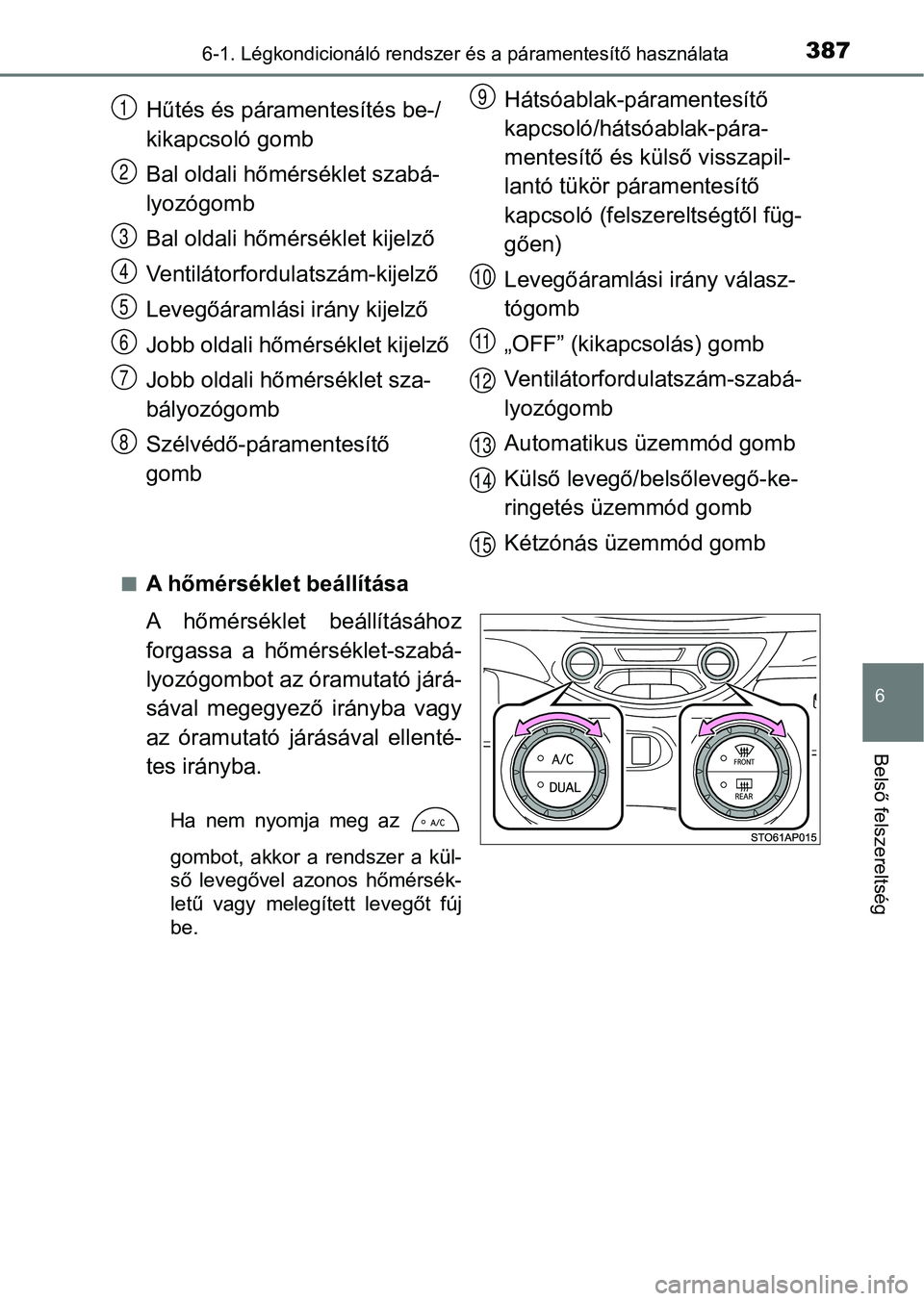 TOYOTA YARIS HATCHBACK 2017  Kezelési útmutató (in Hungarian) 3876-1. Légkondicionáló rendszer és a páramentesítő használata
6
Belső felszereltség
nA hőmérséklet beállítása
A  hőmérséklet  beállításához
forgassa  a  hőmérséklet-szabá-
