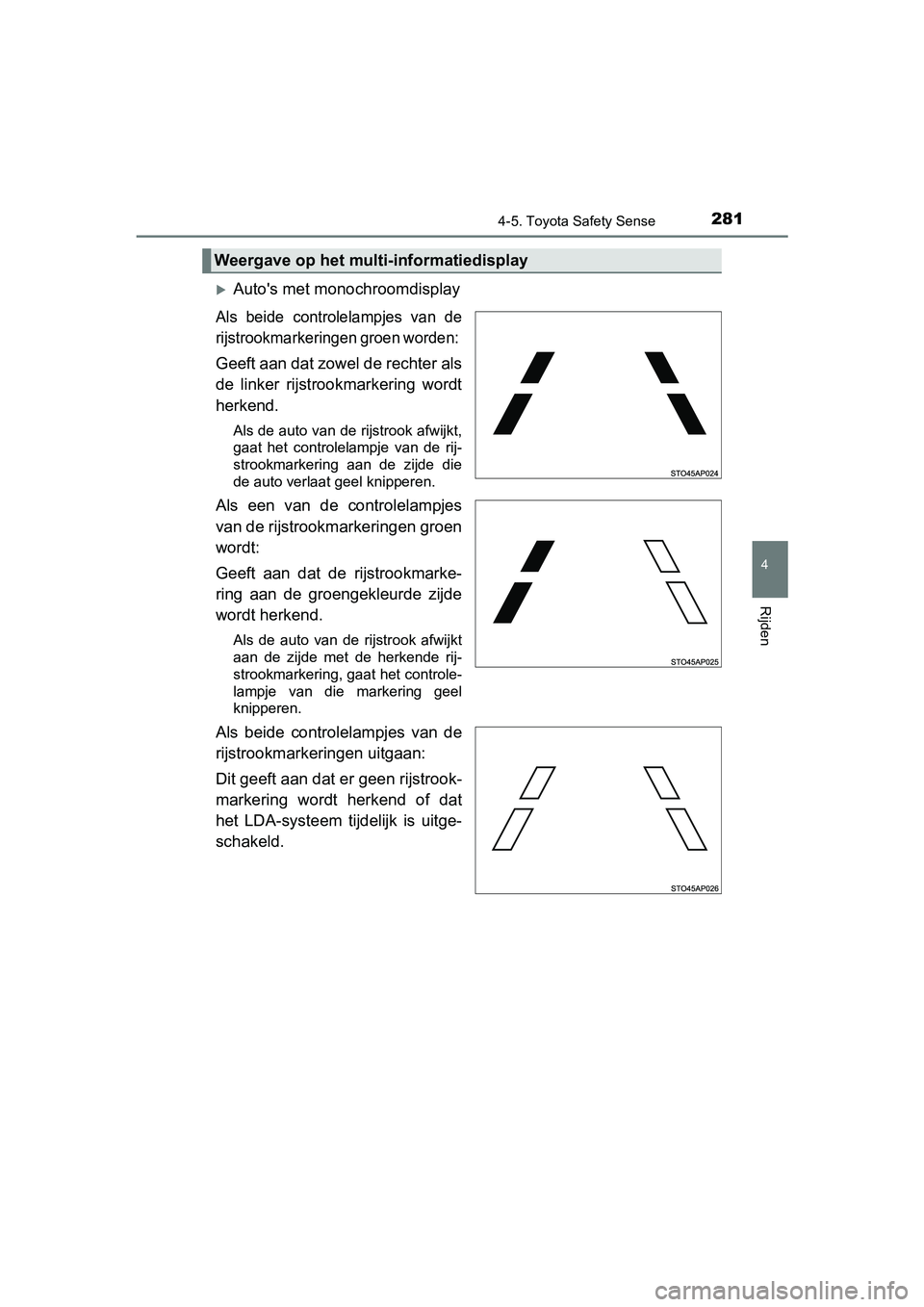 TOYOTA YARIS HATCHBACK 2017  Instructieboekje (in Dutch) 2814-5. Toyota Safety Sense
4
Rijden
YARIS_HV_OM_Europe_OM52J66E
Auto's met monochroomdisplay
Als  beide  controlelampjes  van  de
rijstrookmarkeringen groen worden: 
Geeft aan dat zowel de rec