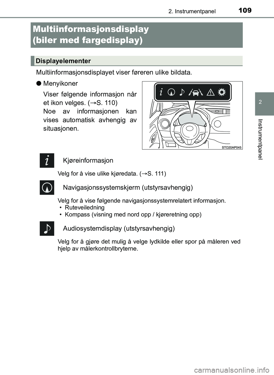 TOYOTA YARIS HATCHBACK 2017 Instruksjoner for bruk (in Norwegian) 109
2
2. Instrumentpanel
Instrumentpanel
YARIS_HV_OM_Europe_OM52J66NO
Multiinformasjonsdisplay
(biler med fargedisplay)
Multiinformasjonsdisplayet viser føreren ulike bildata.
l Menyikoner
Viser fø TOYOTA YARIS HATCHBACK 2017 Instruksjoner for bruk (in Norwegian) 109
2
2. Instrumentpanel
Instrumentpanel
YARIS_HV_OM_Europe_OM52J66NO
Multiinformasjonsdisplay
(biler med fargedisplay)
Multiinformasjonsdisplayet viser føreren ulike bildata.
l Menyikoner
Viser fø