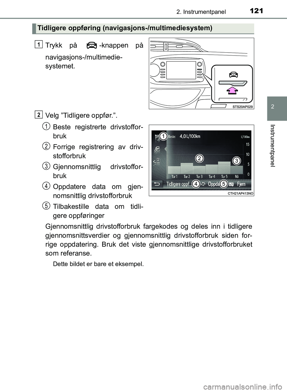 TOYOTA YARIS HATCHBACK 2017 Instruksjoner for bruk (in Norwegian) 1212. Instrumentpanel
2
Instrumentpanel
YARIS_HV_OM_Europe_OM52J66NO
Trykk på -knappen på
navigasjons-/multimedie-
systemet.
Velg ”Tidligere oppfør.”.Beste registrerte drivstoffor-
bruk
Forrig TOYOTA YARIS HATCHBACK 2017 Instruksjoner for bruk (in Norwegian) 1212. Instrumentpanel
2
Instrumentpanel
YARIS_HV_OM_Europe_OM52J66NO
Trykk på -knappen på
navigasjons-/multimedie-
systemet.
Velg ”Tidligere oppfør.”.Beste registrerte drivstoffor-
bruk
Forrig