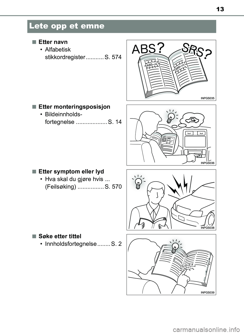 TOYOTA YARIS HATCHBACK 2017 Instruksjoner for bruk (in Norwegian) 13
YARIS_HV_OM_Europe_OM52J66NO
Lete opp et emne
nEtter navn• Alfabetisk stikkordregister ........... S. 574
nEtter monteringsposisjon• Bildeinnholds- fortegnelse ................... S. 14
nEtter TOYOTA YARIS HATCHBACK 2017 Instruksjoner for bruk (in Norwegian) 13
YARIS_HV_OM_Europe_OM52J66NO
Lete opp et emne
nEtter navn• Alfabetisk stikkordregister ........... S. 574
nEtter monteringsposisjon• Bildeinnholds- fortegnelse ................... S. 14
nEtter