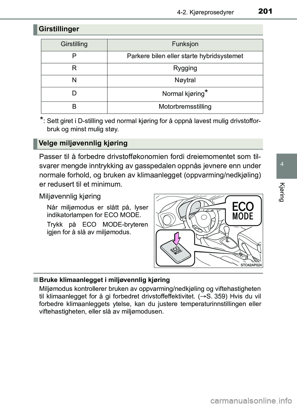 TOYOTA YARIS HATCHBACK 2017 Instruksjoner for bruk (in Norwegian) 2014-2. Kjøreprosedyrer
4
Kjøring
YARIS_HV_OM_Europe_OM52J66NO
*: Sett giret i D-stilling ved normal kjøring for å oppnå lavest mulig drivstoffor-bruk og minst mulig støy.
Passer til å forbedre TOYOTA YARIS HATCHBACK 2017 Instruksjoner for bruk (in Norwegian) 2014-2. Kjøreprosedyrer
4
Kjøring
YARIS_HV_OM_Europe_OM52J66NO
*: Sett giret i D-stilling ved normal kjøring for å oppnå lavest mulig drivstoffor-bruk og minst mulig støy.
Passer til å forbedre