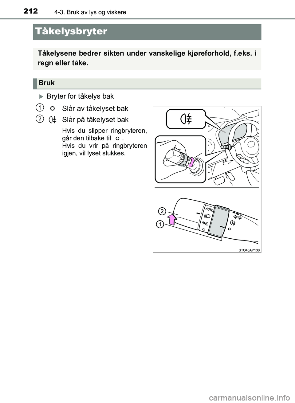 TOYOTA YARIS HATCHBACK 2017 Instruksjoner for bruk (in Norwegian) 2124-3. Bruk av lys og viskere
YARIS_HV_OM_Europe_OM52J66NO
Tåkelysbryter
Bryter for tåkelys bakSlår av tåkelyset bak
Slår på tåkelyset bak
Hvis du slipper ringbryteren,
går den tilbake til TOYOTA YARIS HATCHBACK 2017 Instruksjoner for bruk (in Norwegian) 2124-3. Bruk av lys og viskere
YARIS_HV_OM_Europe_OM52J66NO
Tåkelysbryter
Bryter for tåkelys bakSlår av tåkelyset bak
Slår på tåkelyset bak
Hvis du slipper ringbryteren,
går den tilbake til