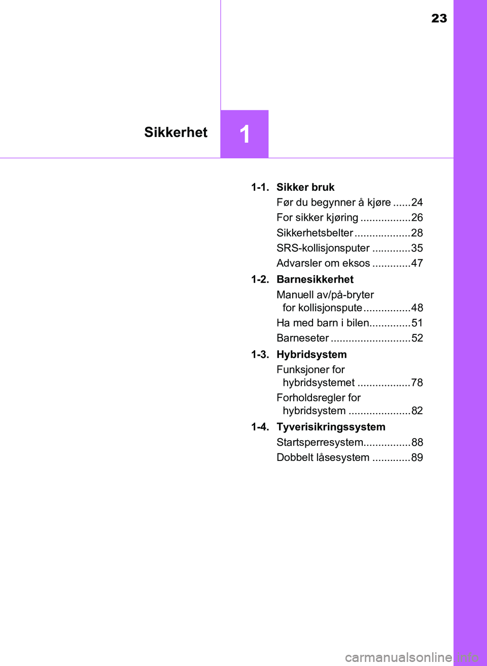 TOYOTA YARIS HATCHBACK 2017 Instruksjoner for bruk (in Norwegian) 23
1Sikkerhet
YARIS_HV_OM_Europe_OM52J66NO1-1. Sikker bruk
Før du begynner å kjøre ...... 24
For sikker kjøring ................. 26
Sikkerhetsbelter ...................28
SRS-kollisjonsputer .... TOYOTA YARIS HATCHBACK 2017 Instruksjoner for bruk (in Norwegian) 23
1Sikkerhet
YARIS_HV_OM_Europe_OM52J66NO1-1. Sikker bruk
Før du begynner å kjøre ...... 24
For sikker kjøring ................. 26
Sikkerhetsbelter ...................28
SRS-kollisjonsputer ....