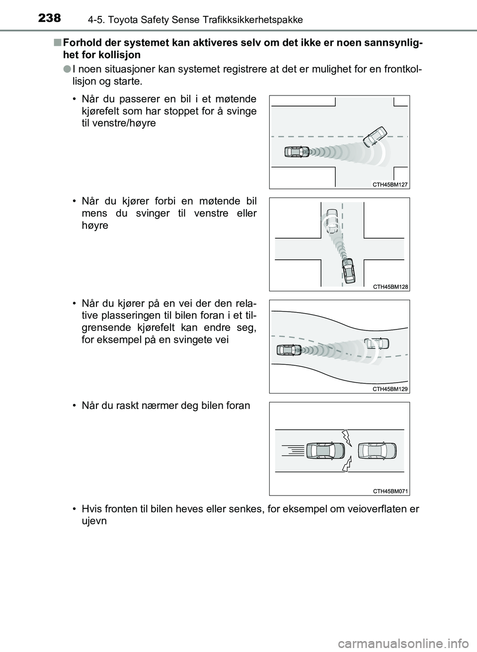 TOYOTA YARIS HATCHBACK 2017 Instruksjoner for bruk (in Norwegian) 2384-5. Toyota Safety Sense Trafikksikkerhetspakke
YARIS_HV_OM_Europe_OM52J66NOn
Forhold der systemet kan aktiveres selv om det ikke er noen sannsynlig-
het for kollisjon
lI noen situasjoner kan syste TOYOTA YARIS HATCHBACK 2017 Instruksjoner for bruk (in Norwegian) 2384-5. Toyota Safety Sense Trafikksikkerhetspakke
YARIS_HV_OM_Europe_OM52J66NOn
Forhold der systemet kan aktiveres selv om det ikke er noen sannsynlig-
het for kollisjon
lI noen situasjoner kan syste