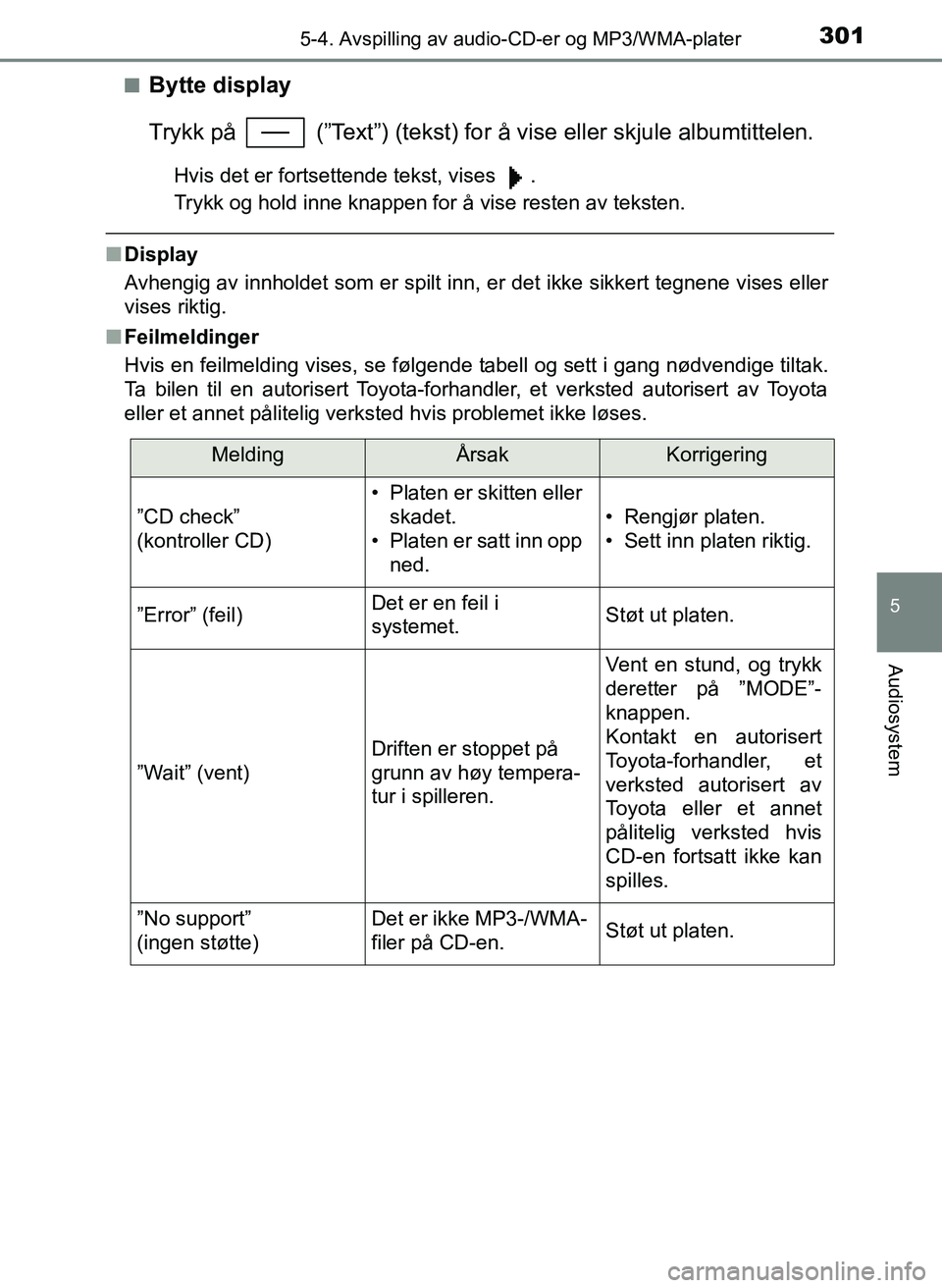 TOYOTA YARIS HATCHBACK 2017 Instruksjoner for bruk (in Norwegian) 3015-4. Avspilling av audio-CD-er og MP3/WMA-plater
5
Audiosystem
YARIS_HV_OM_Europe_OM52J66NOn
Bytte display
Trykk på (”Text”) (tekst) for å vise eller skjule albumtittelen.
Hvis det er forts TOYOTA YARIS HATCHBACK 2017 Instruksjoner for bruk (in Norwegian) 3015-4. Avspilling av audio-CD-er og MP3/WMA-plater
5
Audiosystem
YARIS_HV_OM_Europe_OM52J66NOn
Bytte display
Trykk på (”Text”) (tekst) for å vise eller skjule albumtittelen.
Hvis det er forts