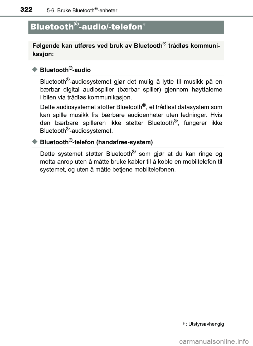 TOYOTA YARIS HATCHBACK 2017 Instruksjoner for bruk (in Norwegian) 3225-6. Bruke Bluetooth®-enheter
YARIS_HV_OM_Europe_OM52J66NO
Bluetooth®-audio/-telefon
uBluetooth®-audio
Bluetooth
®-audiosystemet gjør det mulig å lytte til musikk på en
bærbar digital au TOYOTA YARIS HATCHBACK 2017 Instruksjoner for bruk (in Norwegian) 3225-6. Bruke Bluetooth®-enheter
YARIS_HV_OM_Europe_OM52J66NO
Bluetooth®-audio/-telefon
uBluetooth®-audio
Bluetooth
®-audiosystemet gjør det mulig å lytte til musikk på en
bærbar digital au