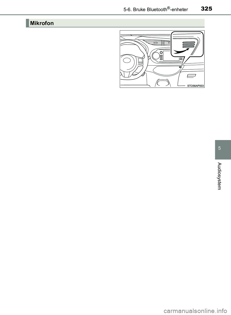 TOYOTA YARIS HATCHBACK 2017 Instruksjoner for bruk (in Norwegian) 3255-6. Bruke Bluetooth®-enheter
5
Audiosystem
YARIS_HV_OM_Europe_OM52J66NO
Mikrofon
OM52J66NO.book Page 325 Friday, December 15, 2017 2:44 PM TOYOTA YARIS HATCHBACK 2017 Instruksjoner for bruk (in Norwegian) 3255-6. Bruke Bluetooth®-enheter
5
Audiosystem
YARIS_HV_OM_Europe_OM52J66NO
Mikrofon
OM52J66NO.book Page 325 Friday, December 15, 2017 2:44 PM