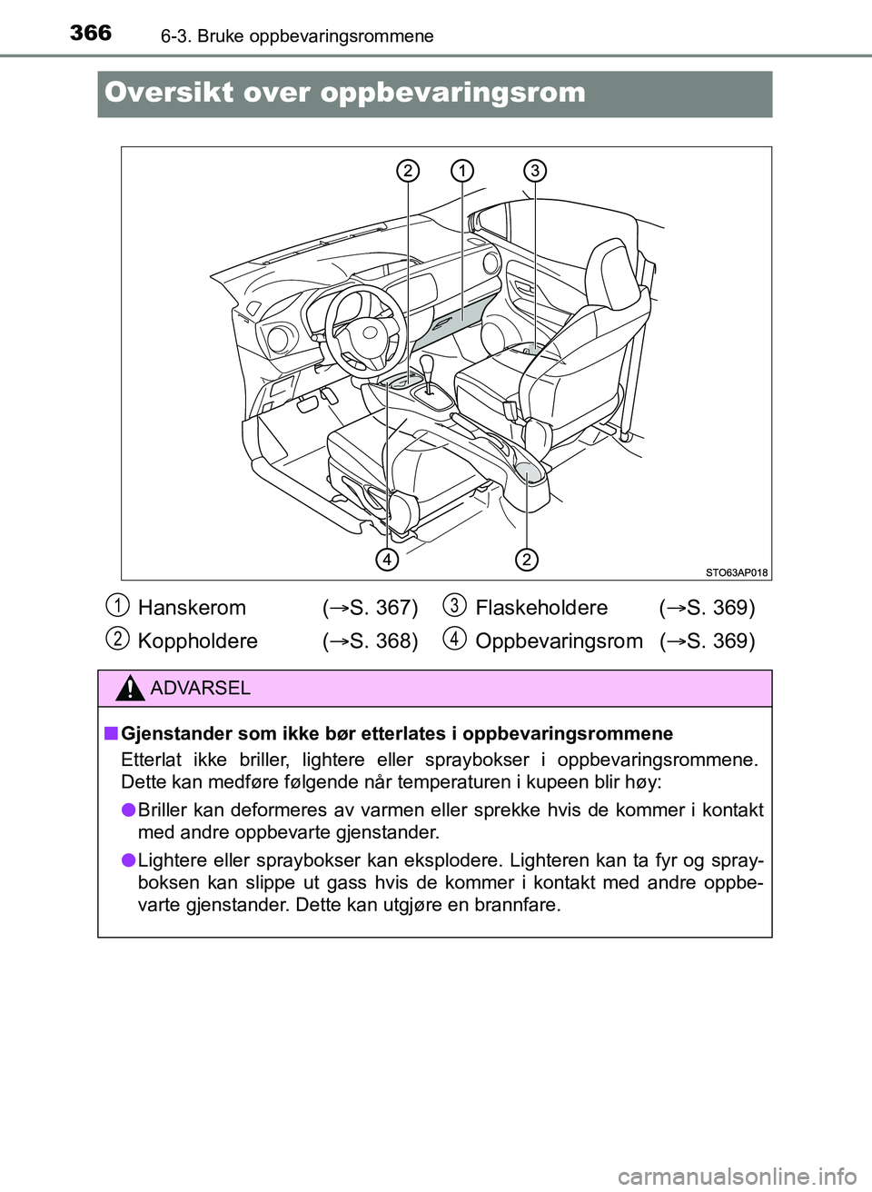 TOYOTA YARIS HATCHBACK 2017  Instruksjoner for bruk (in Norwegian) 3666-3. Bruke oppbevaringsrommene
YARIS_HV_OM_Europe_OM52J66NO
Oversikt over oppbevaringsrom
Hanskerom  (S. 367)
Koppholdere ( S. 368) Flaskeholdere (
S. 369)
Oppbevaringsrom ( S. 369)
ADV