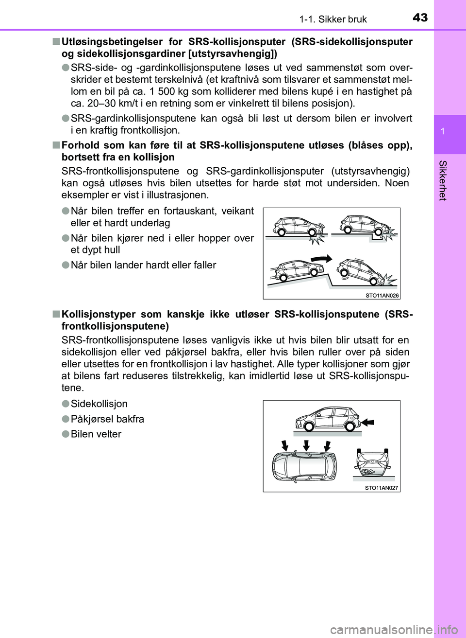 TOYOTA YARIS HATCHBACK 2017  Instruksjoner for bruk (in Norwegian) 431-1. Sikker bruk
1
Sikkerhet
YARIS_HV_OM_Europe_OM52J66NOn
Utløsingsbetingelser for SRS-kollisjonsputer (SRS-sidekollisjonsputer
og sidekollisjonsgardiner [utstyrsavhengig])
lSRS-side- og -gardinko