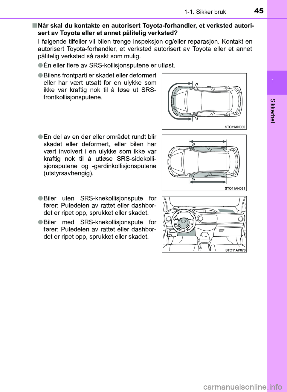 TOYOTA YARIS HATCHBACK 2017  Instruksjoner for bruk (in Norwegian) 451-1. Sikker bruk
1
Sikkerhet
YARIS_HV_OM_Europe_OM52J66NOn
Når skal du kontakte en autorisert Toyota-forhandler, et verksted autori-
sert av Toyota eller et annet pålitelig verksted?
I følgende t