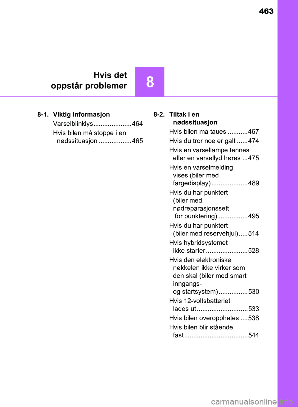 TOYOTA YARIS HATCHBACK 2017 Instruksjoner for bruk (in Norwegian) 463
8
Hvis det
oppstår problemer
YARIS_HV_OM_Europe_OM52J66NO 8-1. Viktig informasjon
Varselblinklys..................... 464
Hvis bilen må stoppe i en nødssituasjon .................. 465 8-2. Til TOYOTA YARIS HATCHBACK 2017 Instruksjoner for bruk (in Norwegian) 463
8
Hvis det
oppstår problemer
YARIS_HV_OM_Europe_OM52J66NO 8-1. Viktig informasjon
Varselblinklys..................... 464
Hvis bilen må stoppe i en nødssituasjon .................. 465 8-2. Til