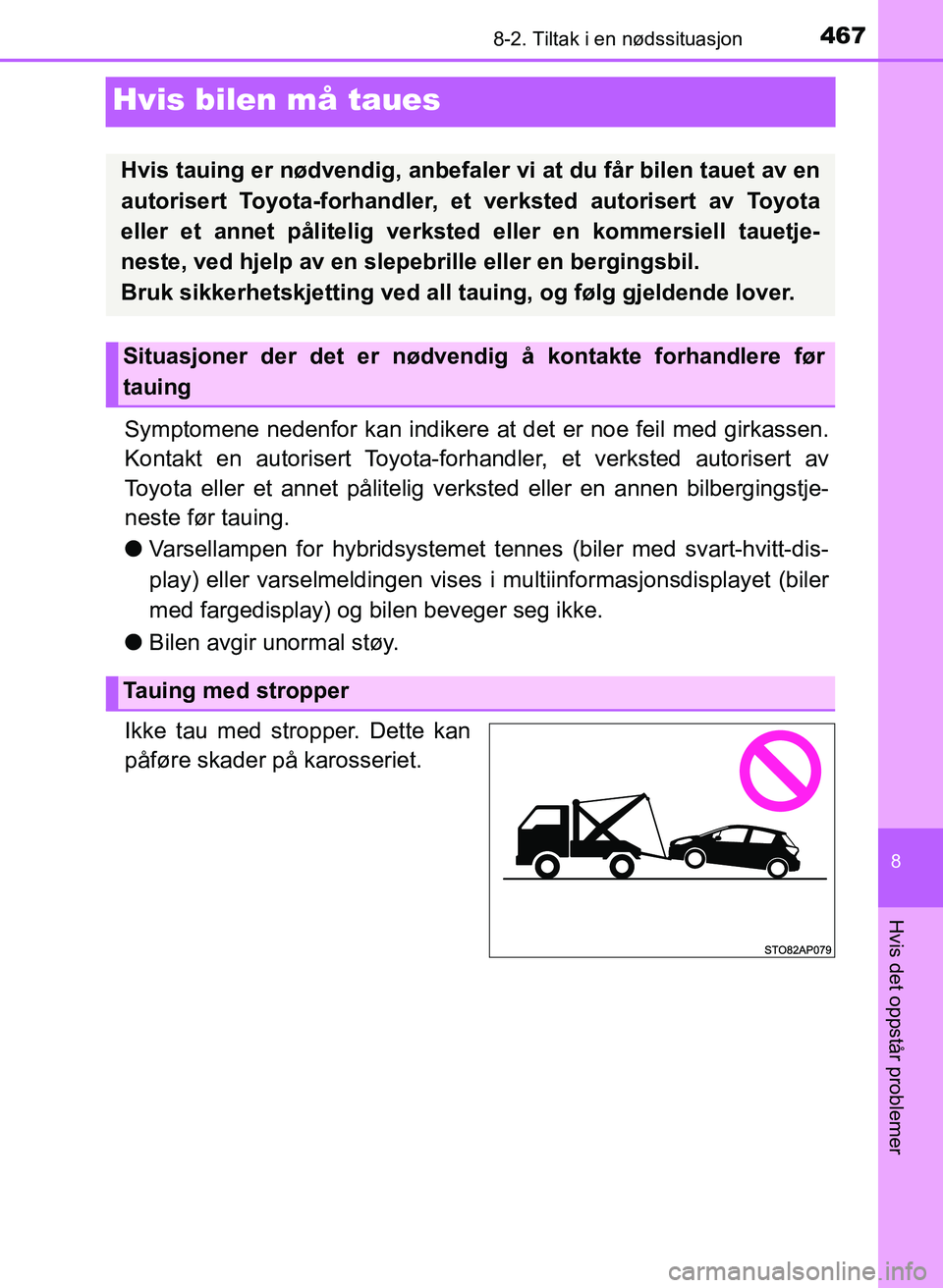 TOYOTA YARIS HATCHBACK 2017  Instruksjoner for bruk (in Norwegian) 4678-2. Tiltak i en nødssituasjon
8
Hvis det oppstår problemer
YARIS_HV_OM_Europe_OM52J66NO
Hvis bilen må taues
Symptomene nedenfor kan indikere at det er noe feil med girkassen.
Kontakt en autoris